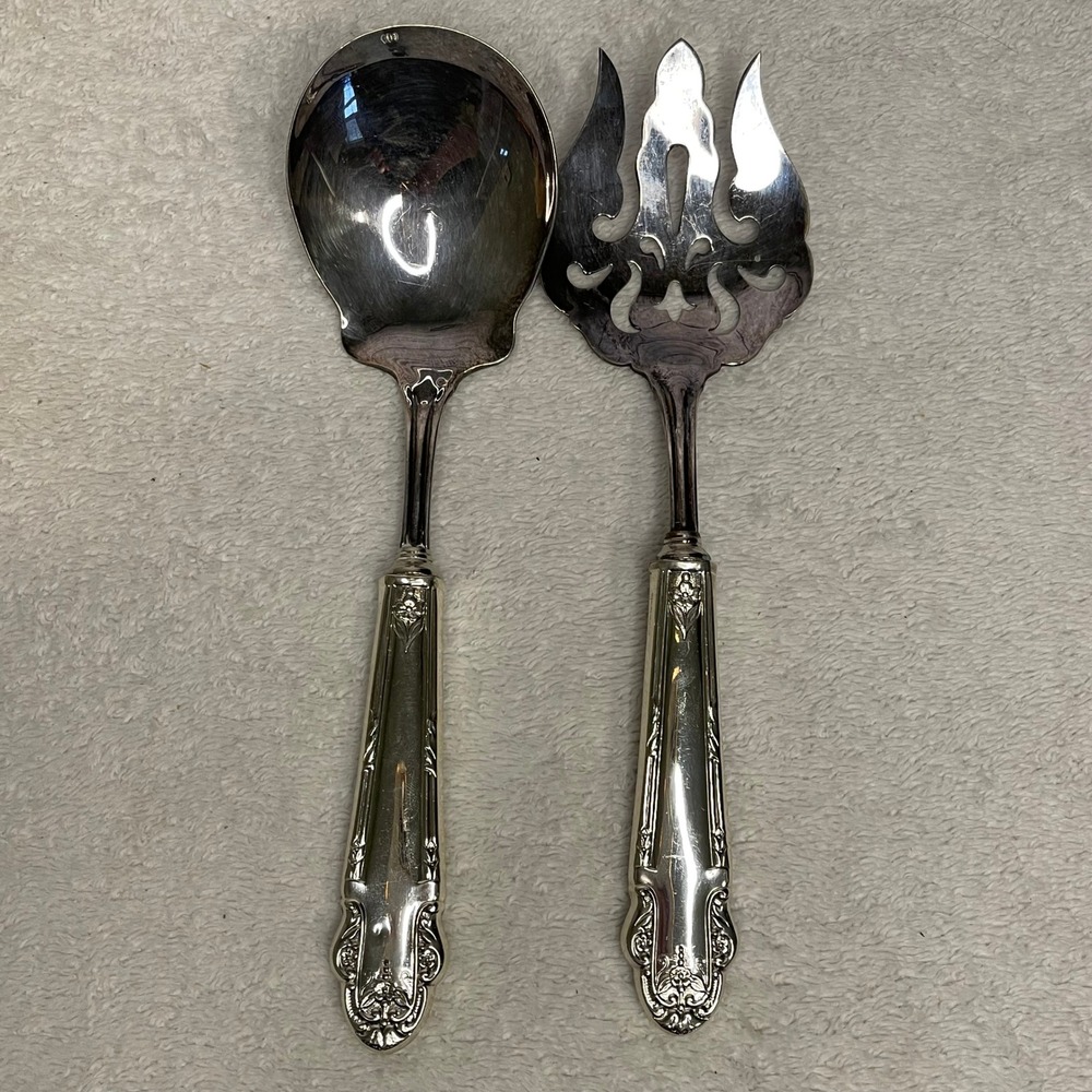 International Silver Plated Salad Serving Set Ornate Floral Scroll Spoon Fork